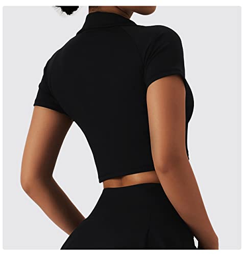 Tennis Outfits for Women 2 Piece High Waist Pleated Tennis Skirt with Shorts and Pockets Short Sleeve Crop Golf Skort Skirt Athletic Workout Outfits Skirts Sets Black Small