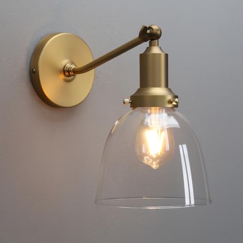 PERMO Industrial Vintage Slope Pole Wall Mount Single Sconce with 6.7" Oval Dome Clear Glass Shade Wall Sconce Light Lamp Fixture (Antique)