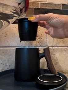 Matty's Garden Black Ceramic Coffee Mug and Tea Infuser - 12 oz with lid and steeper and wooden handle