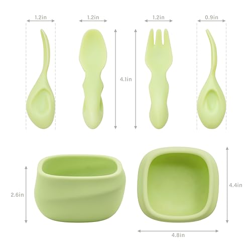 Tiny Genius Toddler Utensils - Baby Essentials with Bowl, Fork, and Spoon | Baby-Led Weaning Supplies (BLW) for 12M+ Self-Feeding, Functional Silicone Dinnerware Set - Boosts Fine Motor Skill (Green)