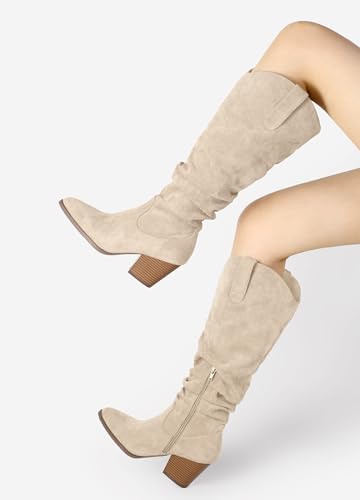 mysoft Women's Cowboy Knee-High Boots Pointed Toe Mid Chunky Heel Pull On Slouchy Boots with Zippers