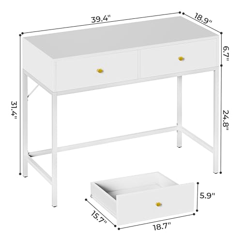 SUPERJARE 39.4" White Desk with 2 Drawers, Modern Makeup Vanity Desk, Small Computer Desk Home Office Desk for Writing Study Bedroom