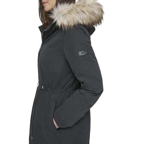 DKNY Women's Anorak Coat, Faux Fur Trim Black