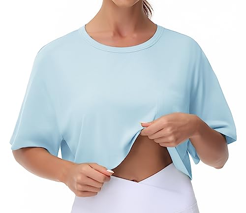 THE GYM PEOPLE Women's Workout Crop Tops Short Sleeve Boxy Oversized T-Shirts with Pockets Light Blue