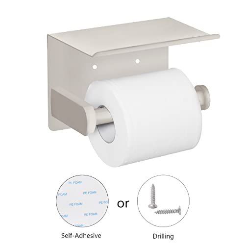 VAEHOLD Self Adhesive Toilet Paper Holder with Phone Shelf SUS 304 Stainless Steel Wall Mounted Toilet Paper Roll Holder - Rustproof and Bathroom Washroom Tissue Roll Holder with Shelf -Beige