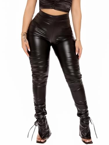 Zebaexf Sexy Faux Leather Leggings for Women, Pleather Stacked Pants Stretch High Waisted Pu Leather Pants Black S