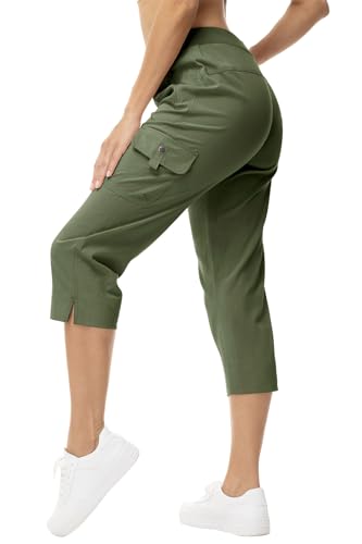 Womens Cargo Crop Pants Capris Bottoms Summer 4 Pockets Hiking Lightweight Quick Dry Athletic Joggers Army Green XS