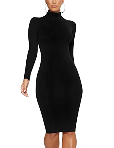 Women's Casual Long Sleeve Bodycon Sexy Turtleneck Midi Club Party Pencil Dresses, S, Black