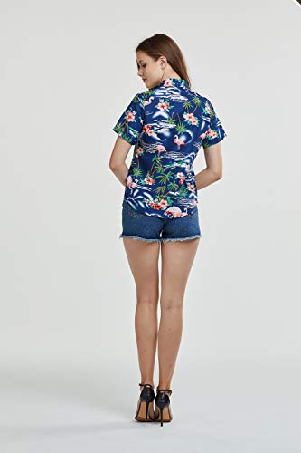 SSLR Hawaiian Shirts for Women Flamingo Shirt Tropical Shirts for Women Summer Casual Short Sleeve (Medium, Light Grey)