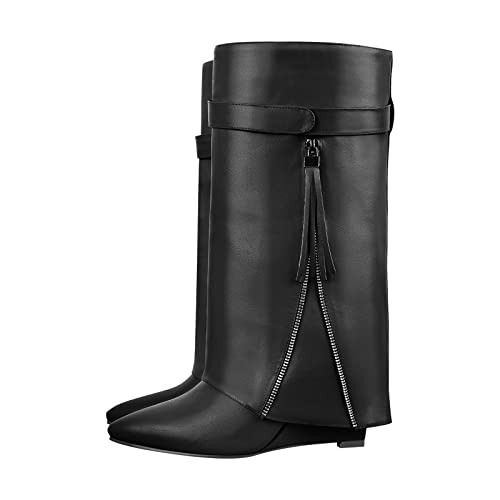 LISHAN Wedge Heel Long Boots for Women Knee High Fold over Shark Chunky Block Heel Slip on Pointed Toe Pull on Shoes Soft Pu Wide Calf Goth Boots Red Size15