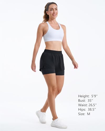 Stelle Women's 2 in 1 Running Shorts Athletic Workout Gym Shorts High Waisted Shorts with Liner Zipper Pockets (Black, X-Small)