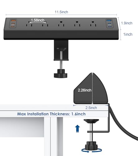 Desk Clamp Power Strip USB C,75W Total Fast Charging Station,45W USB-C and 30W USB-C Ports,Desk Edge Mount Power Strip 6-USB,5 AC Outlets Tabletop Surge Protector,Fit 1.6" Tabletop Edge