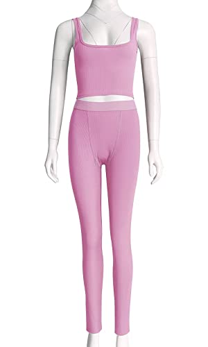 ZFLM Casual Workout Sets Two Piece Outfits for Women Ribbed Crop Tank Top High Waist Yoga Leggings Active Wear