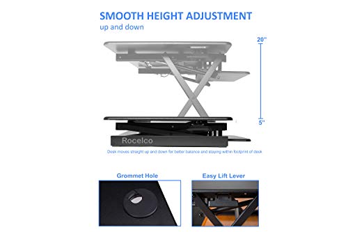 Rocelco 32" Height Adjustable Standing Desk Converter BUNDLE - Sit Stand Computer Workstation Riser with Anti Fatigue Mat - Dual Monitor Retractable Keyboard Tray Gas Spring - Black (R EADRB-MAFM)