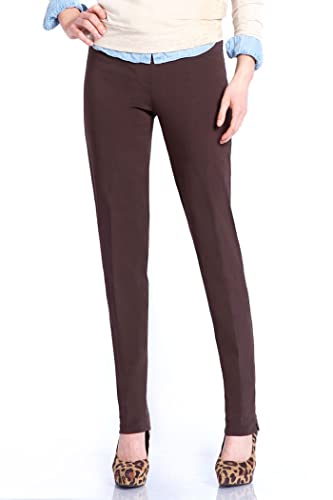 SLIM-SATION Women's Wide Band Regular Length Pull-on Straight Leg Pant with Tummy Control, Chocolate, 4