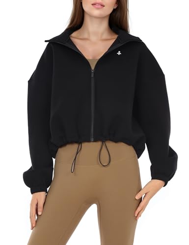 Orolay Women's Full Zip Sweatshirt - Long Sleeve Cropped Jacket Stand Collar Drawstring Casual Outerwear Black X-Small