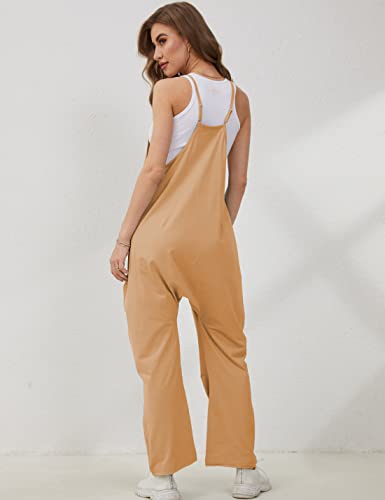 UANEO Women's Casual Jumpsuits Sleeveless Harem Stretchy Loose Overalls Romper Jumpers with Pockets (LightKhaki-L)