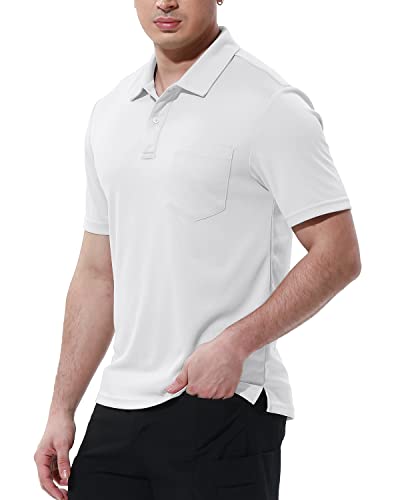 BGOWATU Men's Polo Shirts Short Sleeve Collared Outdoor Sports Tennis Shirts Quick Dry Golf Shirt with Pocket White 3X