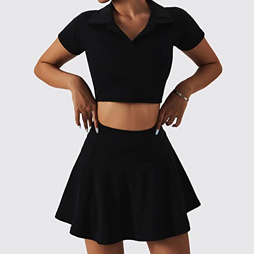Tennis Outfits for Women 2 Piece High Waist Pleated Tennis Skirt with Shorts and Pockets Short Sleeve Crop Golf Skort Skirt Athletic Workout Outfits Skirts Sets Black Small