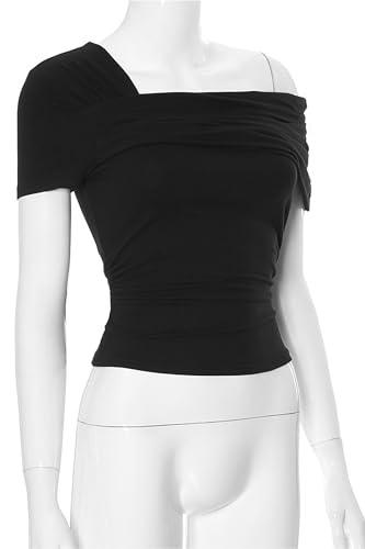 Women's One Off Shoulder Short Sleeve Top Ruched Going Out Club Tops Slim Fit Y2K Shirt Crop Top S