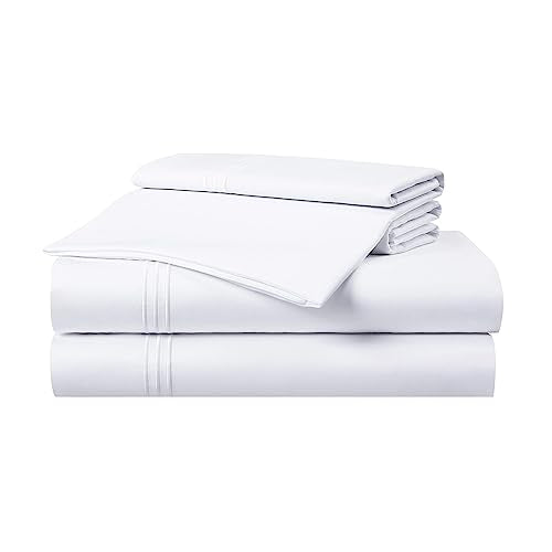 Aston & Arden Sateen Sheet Set - 100% Cotton 600 Thread Count Luxurious Hotel Silky Sheets, Pristine White with Fine Baratta Embroidered 3-Striped Hem, Wrinkle Resistant, Twin, Dove White