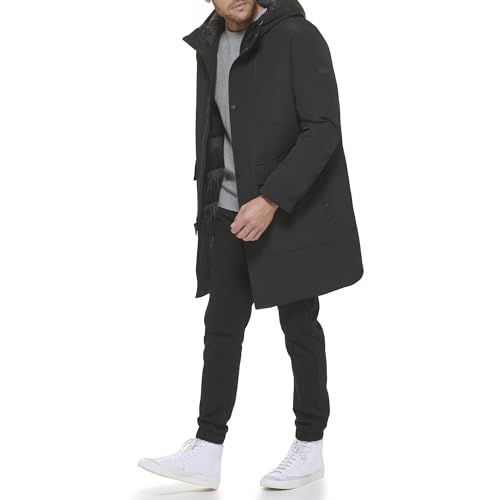 DKNY Men's Water Resistant Hooded Logo Parka Jacket, Heavyweight Black