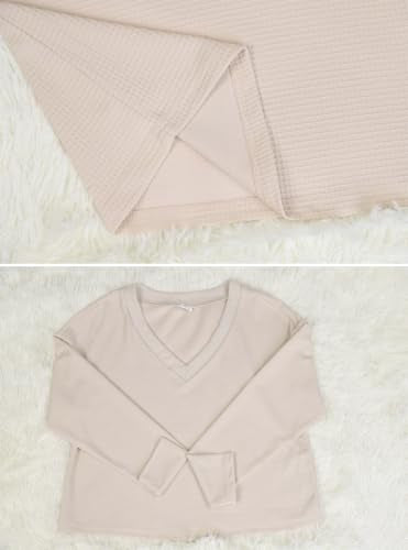Poetsky Waffle Knit V Neck Sweater Crop Long Sleeve Women Off Shoulder Top Ladies Pullover Sweaters Fall and Winter White M