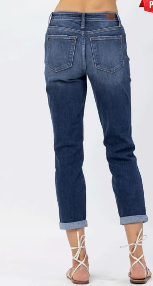Judy Blue Women's Mid-Rise Rolled Cuffed Boyfriend Jeans (Dark Blue, 5)