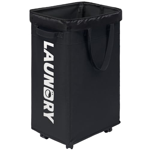 CHICVITA 75L Slim Laundry Hamper with Wheels and Removable Wash Bag, Black Rolling Basket with Handle for Laundry Room