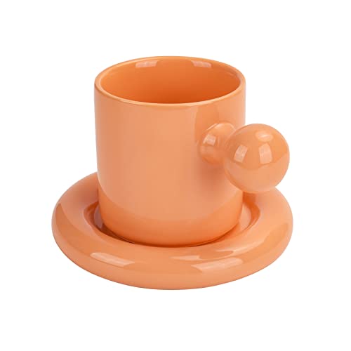 Koythin Ceramic Coffee Mug, Cute Mug Ball Handle with Saucer for Office and Home, Creative Cup with Comfortable Handle, 10 oz/300 ml for Latte Tea Milk (Candy Orange)