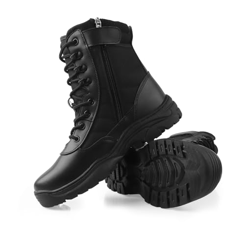 QUNLON Men's Tactical Boots Military Boots for Men Side Zipper Combat Motorcycle Boots Lightweight Army Work Boots 8'' Duty Boots Black Leather Police Boots-6.5US