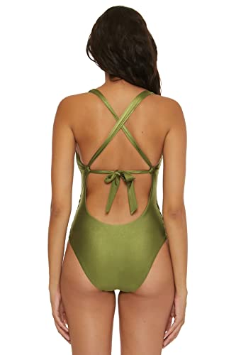 Becca by Rebecca Virtue Women's Standard Color Sheen One Piece Swimsuit, Plunge Neck, Sexy Satin, Bathing Suits, Agave