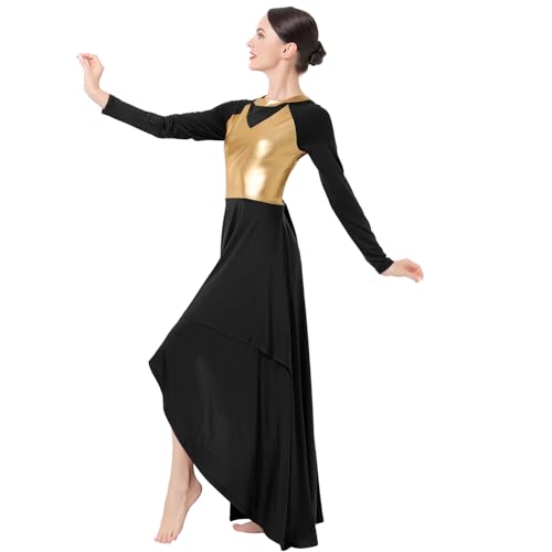 IBAKOM Women Gold Metallic High Low Praise Dance Dress Long Church Liturgical Worship Costume Tunic Lyrical Dance Outfits Ballerina Ballroom Dance Costume Christen Prayer Dance Dress Black High-Low S