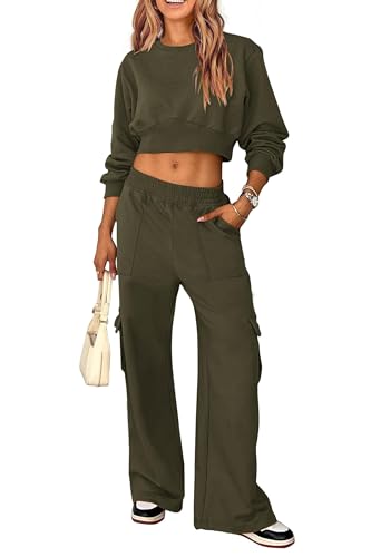 PRETTYGARDEN Womens Fall 2 Piece Outfits Sweatsuits Sets Long Sleeve Crop Tops Sweatshirt Wide Leg Cargo Pants with Pockets (Black,Medium)