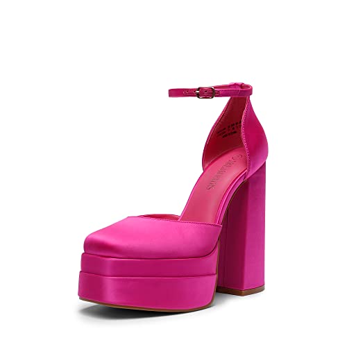 DREAM PAIRS Womens Pointed Toe High Chunky Heels Pump Shoes, Rose Red-Satin - 10 (SDPU2319W)
