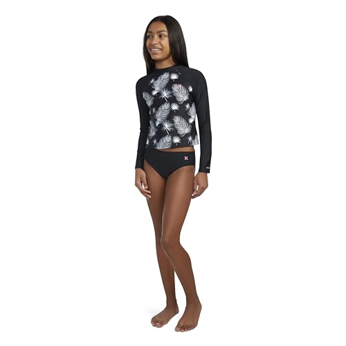 Hurley Girls Long Sleeve Rash Guard 2-Piece Swimsuit, Black/Sail, 8