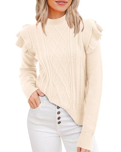 KIRUNDO Women's 2024 Fall Winter Fashion Ruffle Long Sleeve Chunky Cable Knit Sweater Casual Crew Neck Ribbed Pullover Beige White