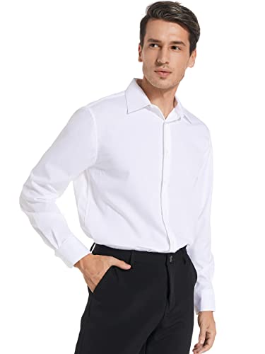 FAHIZO Men's Dress Shirt Regular Fit Soild Business Formal Long Sleeve Button Up Stretch Shirts, White, 16.5 Neck 34"-35" Sleeve(L)