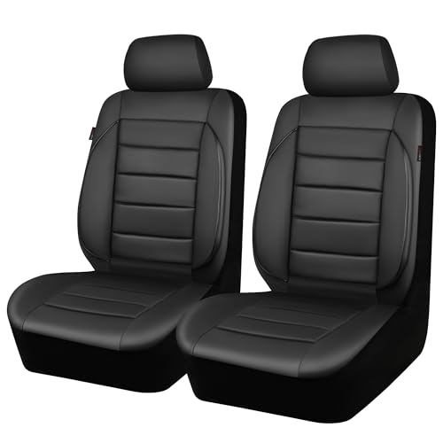 CAR PASS Leather Car Seat Covers Front Seats Only, 3D Foam Support Car Seat Covers, Universal fit for Trucks Vans SUVs Sedans Automotive Comfortable, Airbag Compatible 2 Pieces Front Solid Black