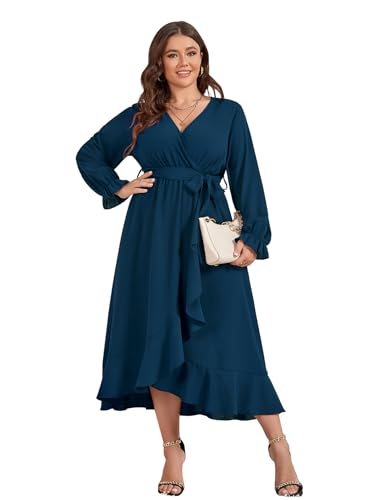 SCOMCHIC Women Plus Size Wedding Guest Maxi Dress Long Sleeve Wrap V Neck High Low Split Ruffle Cocktail Dress with Belt White