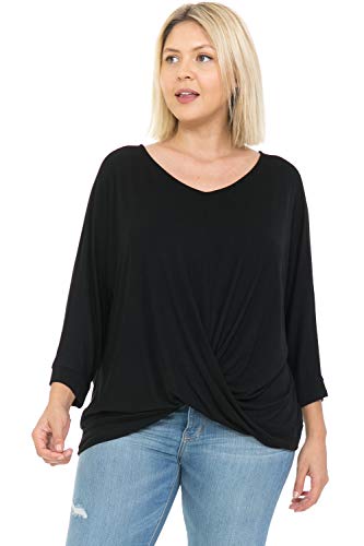 LEEBE Women's Plus Size V-Neck Twist Front Top (1X - 5X) (1X, 3/4 Sleeve/Black)