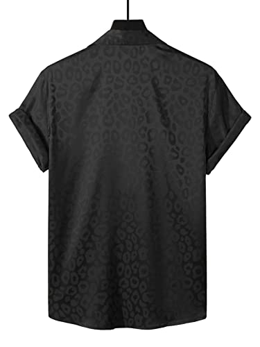 Verdusa Men's Satin Button Down Lapel Collar Leopard Print Short Sleeve Shirt Black S
