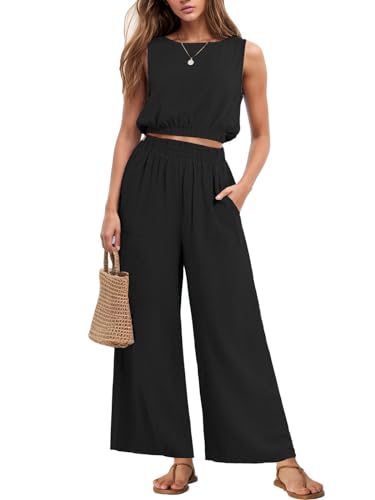 GRECERELLE Two Piece Sets for Women Sleeveless Crop Top Wide Leg Pants Sweat Set for Women 2024 Summer Khaki Black Flower-L