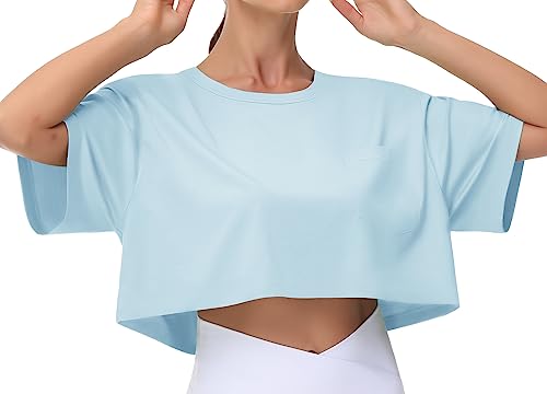 THE GYM PEOPLE Women's Workout Crop Tops Short Sleeve Boxy Oversized T-Shirts with Pockets Light Blue