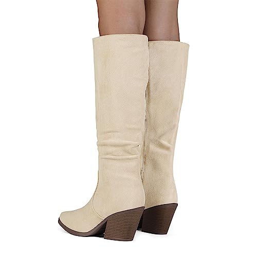 Putu Women's Pointed Toe Knee High Boots Faux Suede Stacked Chunky Heel Boots Side Zipper Slouchy High Boots Beige 5.5