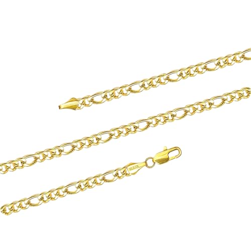 SILILUN Figaro Chain Necklace 14K Real Gold Plated Jewelry for Men Women (3mm Wide, 16.5 Inches 14K Gold)