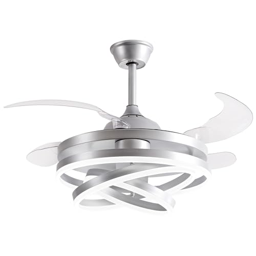 Panghuhu88 42" Invisible Ceiling Fan Chandelier Light,Modern DIY Ceiling Fan Light Remote Control 4 Retractable ABS Blades for Bedroom Living Dining Room Decoration (Silver)
