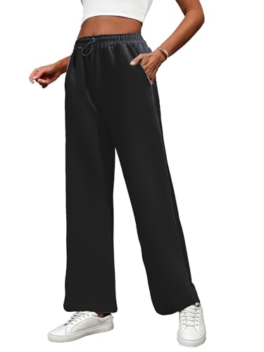 PINSPARK Sweatpants Women Drawstring High Waist Track Pants Baggy Straight Leg Joggers Sweatpants with Pockets Black S