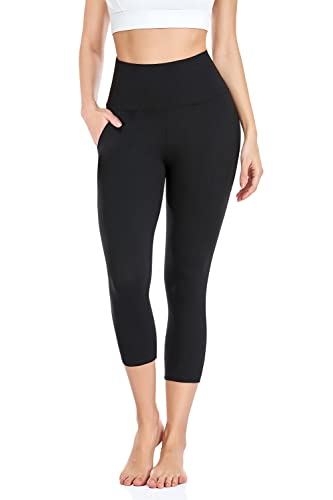 iaoja Capri Leggings for Women with Pockets - High Waisted Tummy Control No See Through Workout Soft Yoga Pants Black