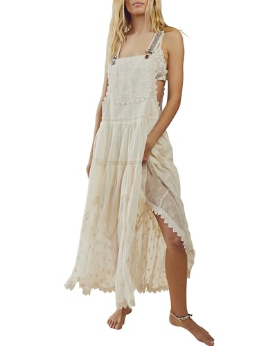 Gacaky Summer Dress for Women Casual Floral Embroidered Bohemian Dress Adjustable Straps Bib Maxi Flowy Dress with Pockets Yellow L